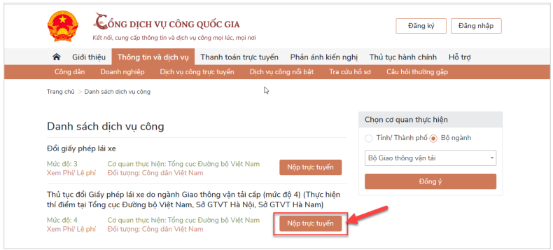 Đổi giấy phép lái xe trực tuyến mức độ 4 trên Cổng Dịch vụ công quốc gia