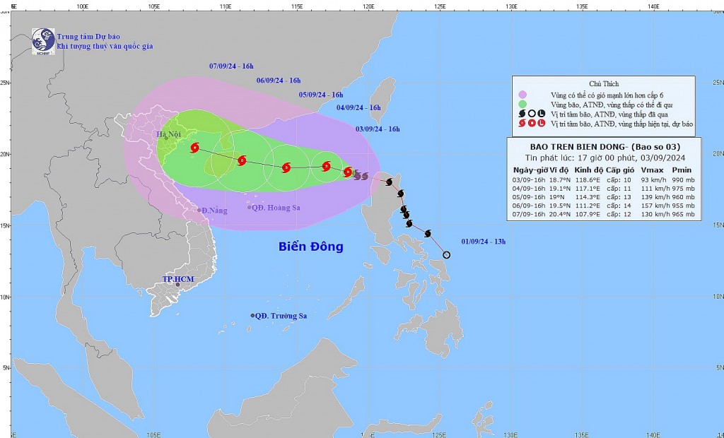 Cập nhật di chuyển cơn bão số 3 Yagi trên biển Đông