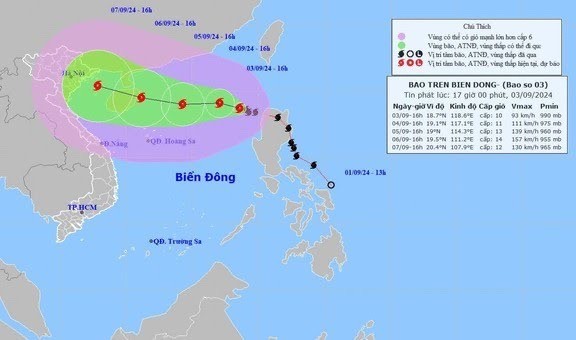 Bão số 3 được dự báo rất mạnh, di chuyển theo hướng Tây Tây Bắc