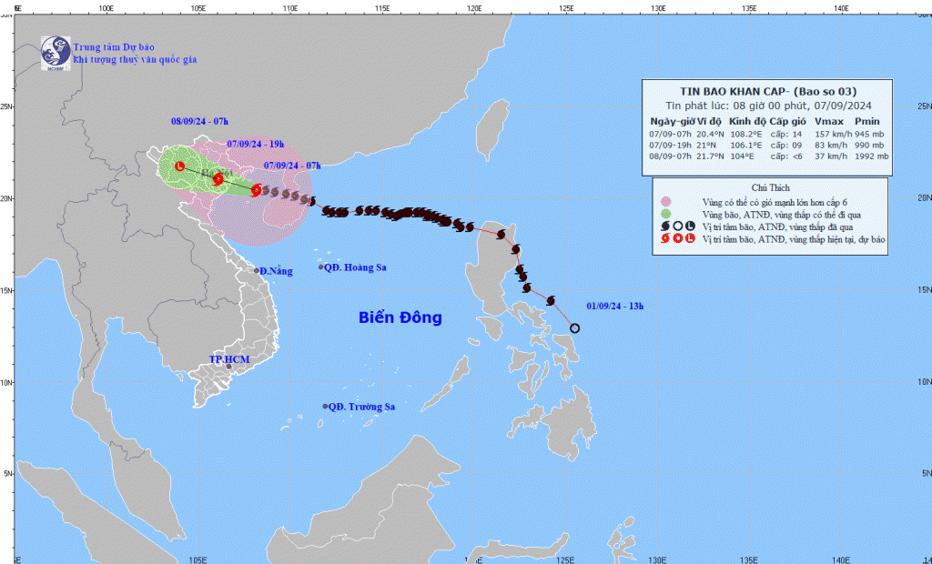 Tin bão mới nhất 8h ngày 7/9: Bão số 3 cách bờ biển Quảng Ninh - Hải Phòng 132km, đề phòng dông lốc và gió giật mạnh