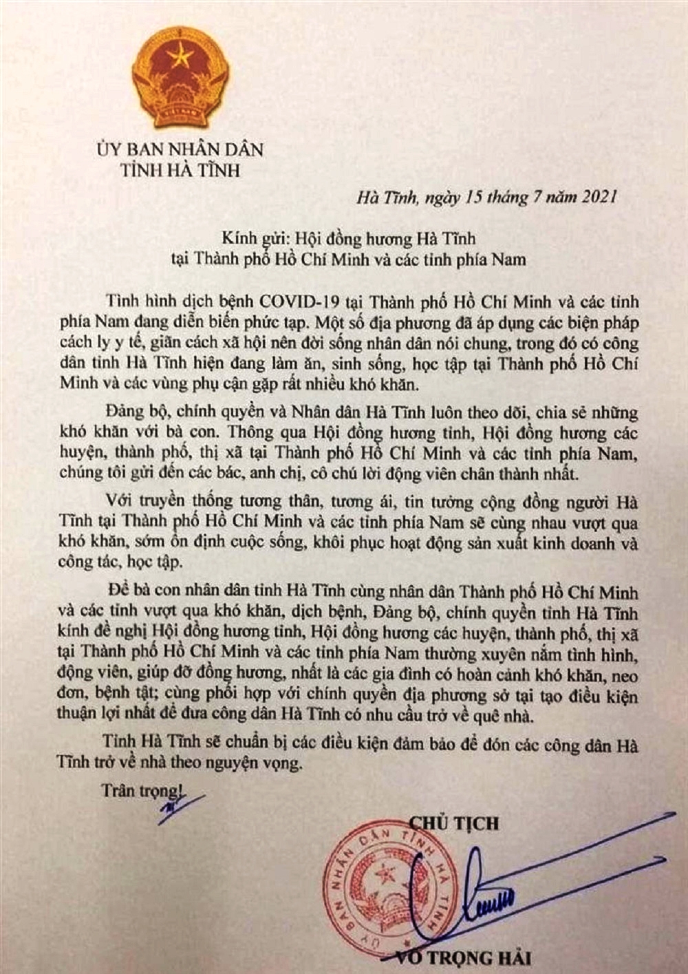 Hà Tĩnh sẵn sàng đón công dân tại thành phố Hồ Chí Minh và các tỉnh phía Nam trở về theo nguyện vọng