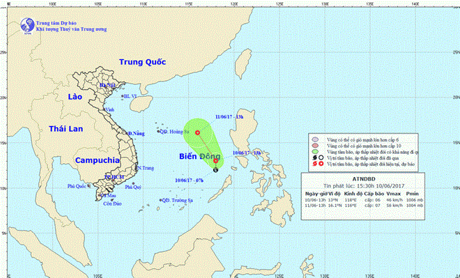 Vùng áp thấp trên Biển Đông đã mạnh lên thành áp thấp nhiệt đới