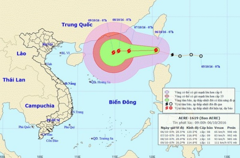 Bão Aere đang tiến vào biển Đông sức gió mạnh cấp 9, giật cấp 11