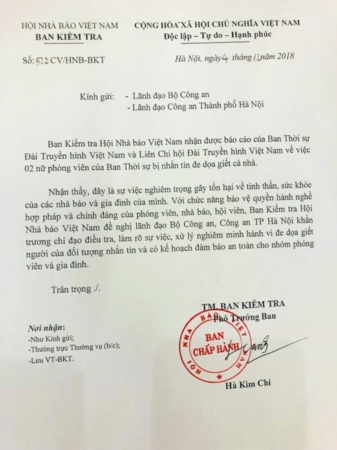 hoi nha bao viet nam vao cuoc vu hai nu phong vien bi nhan tin de doa