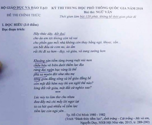Gợi ý đáp án đề thi Ngữ Văn kỳ thi THPT quốc gia 2018