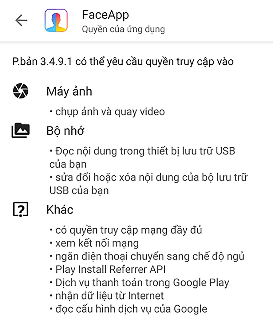 FaceApp đòi hỏi nhiều quyền truy cập vào thiết bị và dữ liệu của người dùng. Ảnh chụp màn hình.